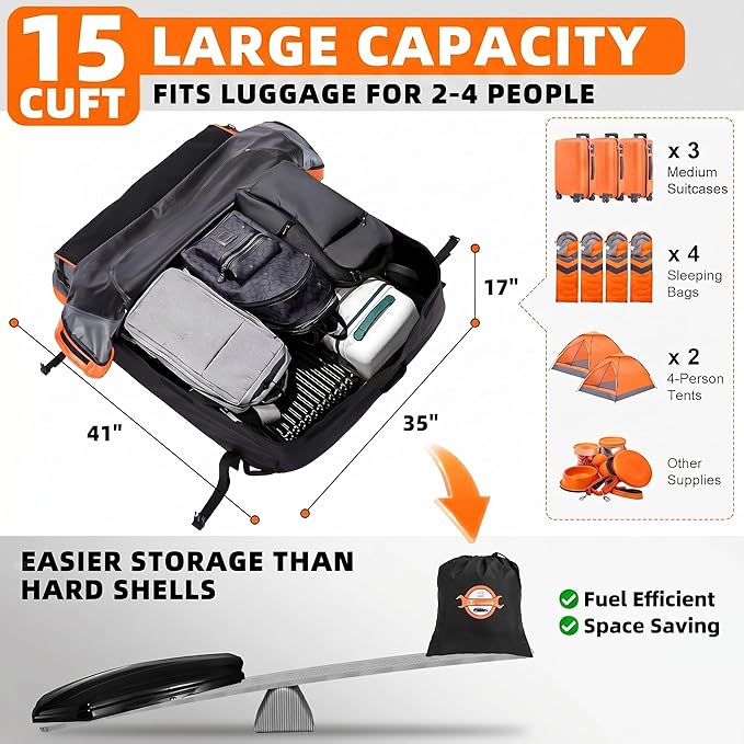 Sailnovo Aerodynamic Rooftop Cargo Carrier Bag, 15 Cubic Feet Waterproof Car Top Carrier for All Vehicles with/Without Racks, Holds Luggage for 2-4, Includes Anti-Slip Mat, Storage Bag, Luggage Lock - Image 2