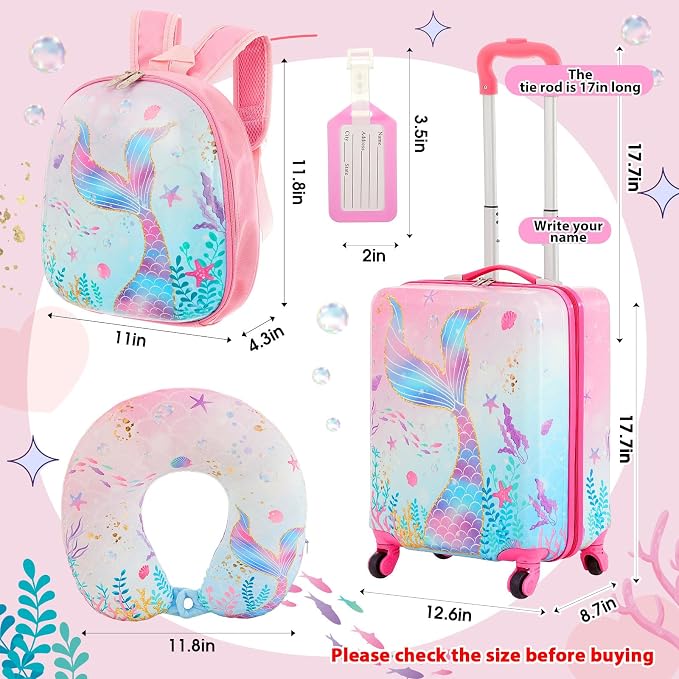 Sanwuta 4 Pcs Kids Luggage Set Back to School Gifts for Girls Boys Carry On Rolling Suitcase Backpack Neck Pillow Travel Set(17 Inch,Mermaid's Tail Style,Blue Purple) - Image 2