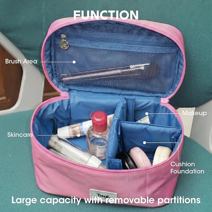 Tagi. Callme Hotdog Large Capacity Travel Makeup Bag, Waterproof Polyester Cosmetic Bag for Women, Wide-Open Flat Pouch for Toiletry & Travel, Portable Organizer with Handle & Dividers - Image 3