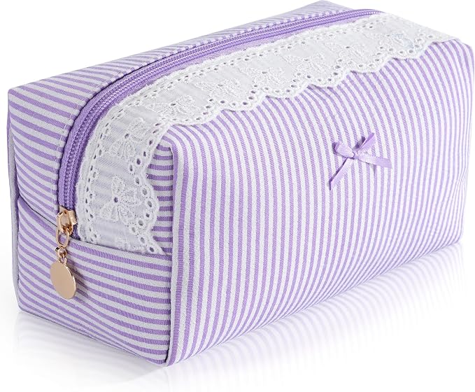 Makeup Bag Travel Toiletry Bag for Women, Small Cosmetic Bags with Lace Trim Cute Purple Stripe Aesthetic Organizer Makeup Pouch for Purse Emergency Bag Pencil Case Accessory Bag by Unknown