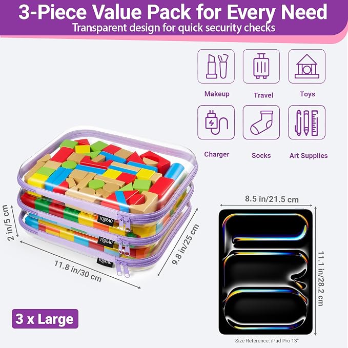 YQBRAO 3-Pack Large Clear Hard Shell Zipper Case, 1.2mm Ultra-Thick Rigid Toy & Closet Organizer, Heavy-Duty Diaper Bag Pouch Set with YKK Zippers, Waterproof Travel Storage (Purple) - Image 4