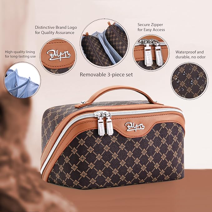 BOYATU Travel Makeup Bag Cosmetic Bags for Women: 3 Pcs Set Large Portable Make up Bag with Handle - Vegan Leather Toiletry Bags with Compartments - Makeup Organizer for Travel Essentials(A-1-Coffee) - Image 2