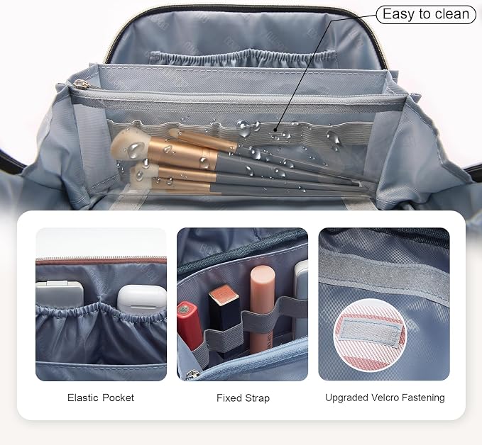 BOYATU Travel Makeup Bag Cosmetic Bag for Women: 3 Pcs Set Striped Make up Bag with Compartments - Waterproof Vegan Leather Toiletry Bags with Handle - Makeup Organizer for Travel Essentials(A-3-Pink) - Image 4