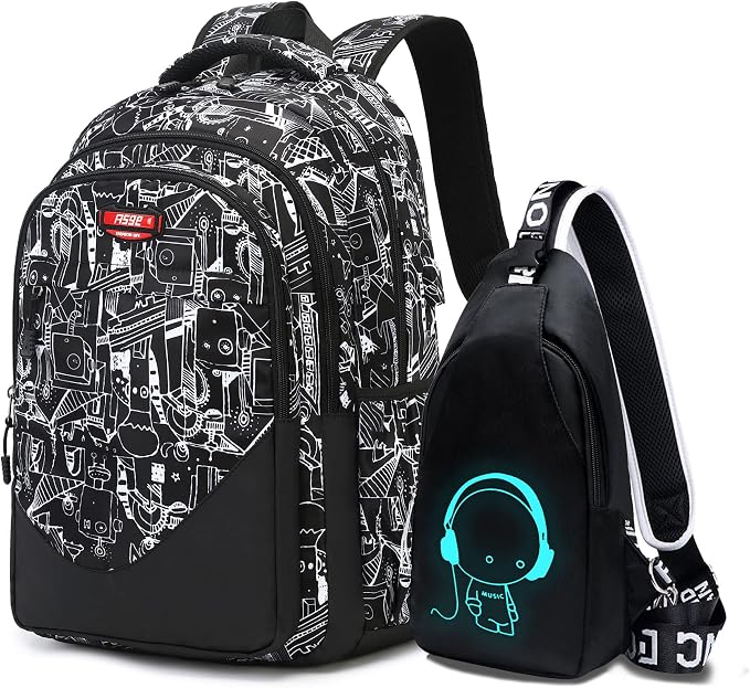 Asge Large Nylon Backpacks for Boys & Girls, Waterproof Satchel with Print, School Bags for 8-16 Years by AsgeBackpacks
