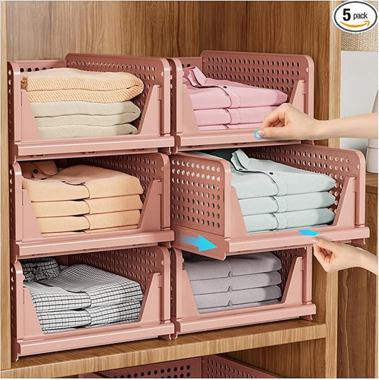 SNSLXH 5 Pack Stackable Closet Organizer Box, Multifunctional & Foldable Closet Storage Basket for Bathroom Kitchen Laundry Room Wardrobe Storage, Space-Saving Clothes Storage Drawer Organizer, Pink by SNSLXH