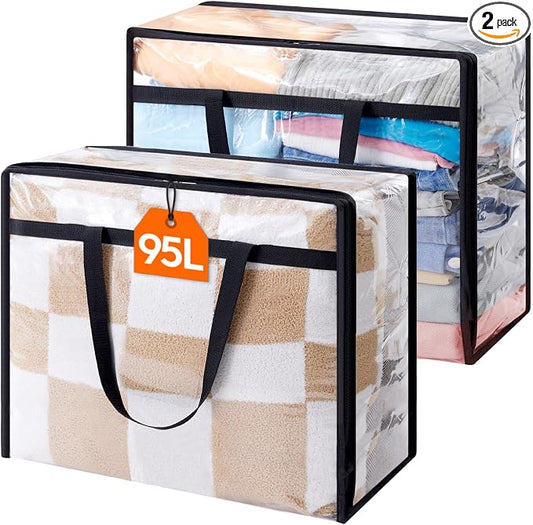 Lifewit 2 Pack Clear Clothes Storage Bags, 95L Plastic Blanket Storage Bag, Vinyl Foldable Moving Bags with Zipper, Closet Organizers and Storage Containers for Bedding, Duvet, Comforter by Lifewit