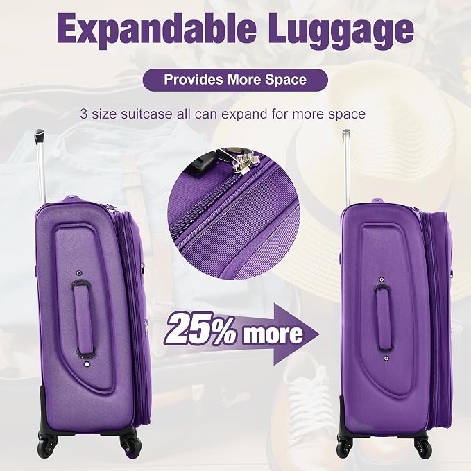 Merax 3 Piece Luggage Set,Expandable Softside Suitcase Set.Purple | Carry-On Luggage Included,Durable and Lightweight Travel Suitcase Set with Spinner Wheels and TSA Lock.22"/26"/30" - Image 3