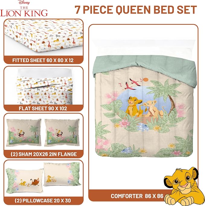 Disney Lion King Simba Queen Comforter Set 7 Piece Kids Bedding, Multi | Safari Animal, Comforter Sheets Shams Pillowcases, Official Brand, Soft Microfiber, Machine Washable, Easy Care, Kids Gift - Image 3