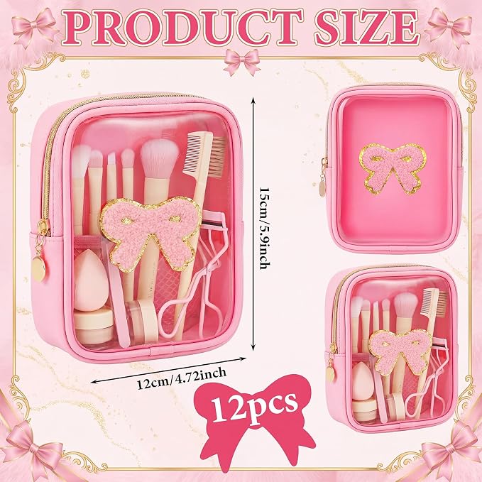 12 Pcs Pink Bow Makeup Bags, Bulk Coquette Cosmetic Bag with Zipper for Women, PVC Pink Bow Clear Makeup Bags, Travel Zipper Pouch for Bridal Shower Birthday Bachelorette for Team Stuff - Image 2