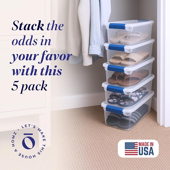 HOMZ 5-Pack Latching Lid, Clear Plastic Storage Organizer Bins, 7.5 Quart, Blue Latch - Stackable Organizing Containers for Home, Garage, and Office - Image 2