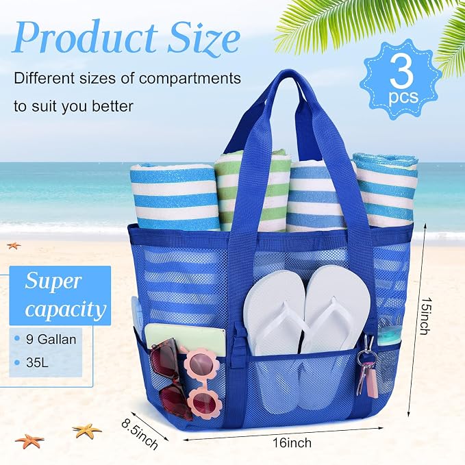 Hillban Large Beach Mesh Bags Bulk for Women Beach Tote Bag with 8 Pocket Zipper Waterproof Sandproof for Pool Cruise Ship - Image 4