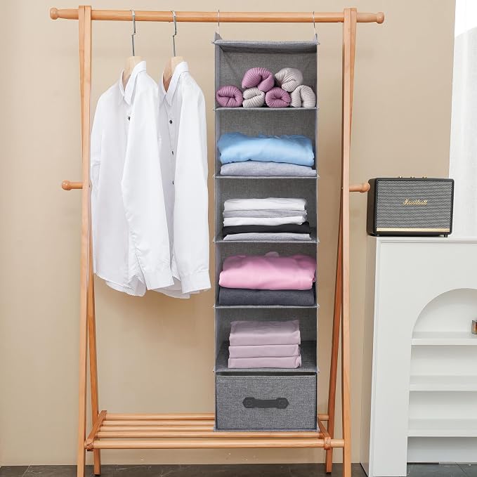 Large Hanging Sweater Organizer for Closet,Collapsible 6-Shelf Hanging Closet Shelves with Drawers, Washable (Grey-6 Shelf-1 d) - Image 7