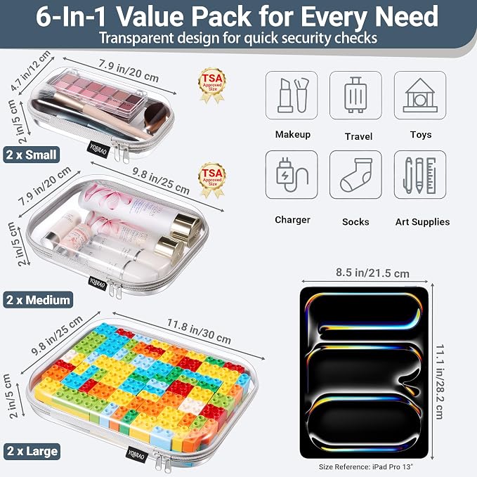YQBRAO 6 Pack Sleek Gray Clear Hard Shell Zipper Case, 1.2mm Heavy Duty Tech & Cord Organizer Pouches, Crush-Proof Electronic Storage for Travel, Tools & Diaper Bag (2L+2M+2S) - Image 4