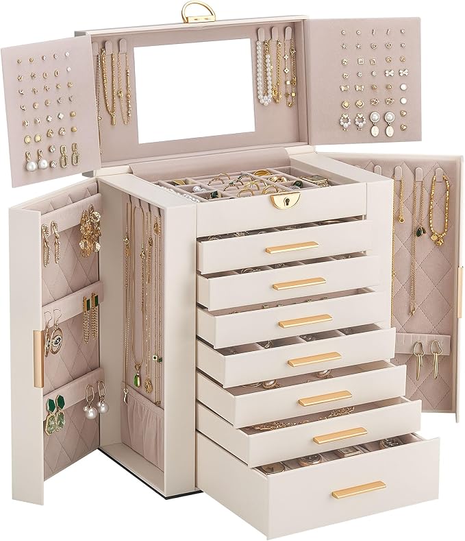 Lolalet Large Jewelry Box Organizer for Women, 8-Layer Jewelry Organizers and Storage Case with Mirror & 7 Drawers, Lockable Watch Ring Earring Bracelet Necklace Holder Girls Gift -8Layer, Beige by Lolalet