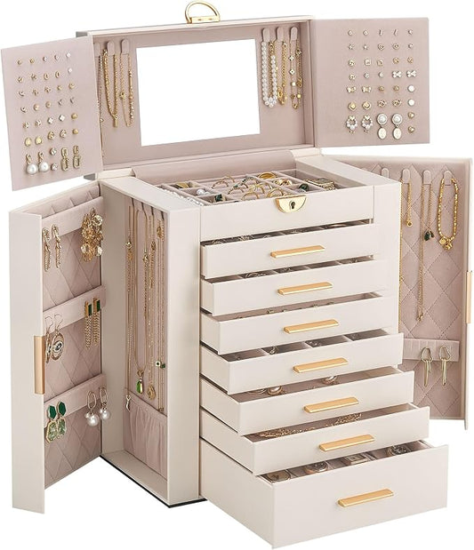 Lolalet Large Jewelry Box Organizer for Women, 8-Layer Jewelry Organizers and Storage Case with Mirror & 7 Drawers, Lockable Watch Ring Earring Bracelet Necklace Holder Girls Gift -8Layer, Beige by Lolalet