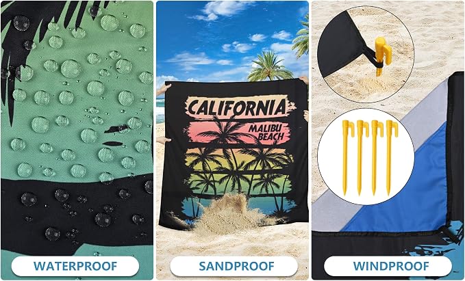 Beach Blanket Waterproof Sandproof Beach Mat 79”x 83” for 1-8 Adults Quick Drying Durable Outdoor Picnic Mat for Beach Festival Travel Camping Hiking (Rainbow Cocotree-California, 79"×83"(4 Person)) - Image 4