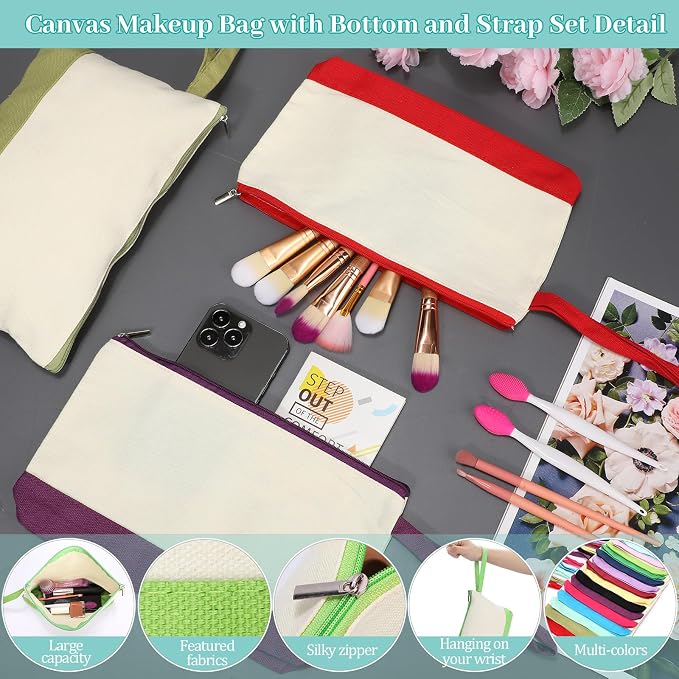 Silkfly 15 Pcs Cotton Canvas Makeup Bags Cosmetic Zipper Bags 10.2 x 5.5 x 2'' Blank DIY Pouch Bulk Pencil Case with Bottom Travel Toiletry Pouch for Women Craft Decor Gift (Novel Colors) - Image 3