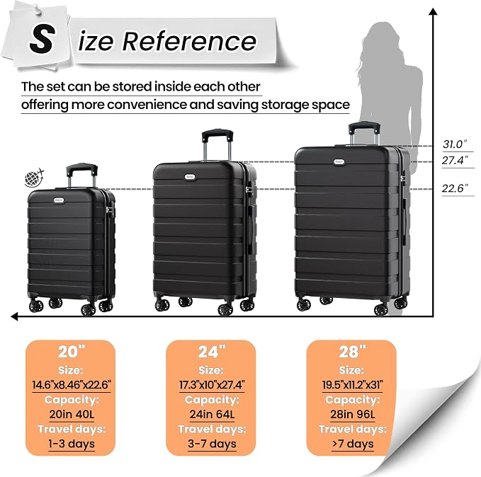 AnyZip Luggage Sets 10 Piece Hardshell Suitcase Set PC ABS Lightweight Travel Suitcases with 4 Double Spinner Wheels TSA Lock 20 24 28 Inch with 7 Storage Bags Black - Image 9