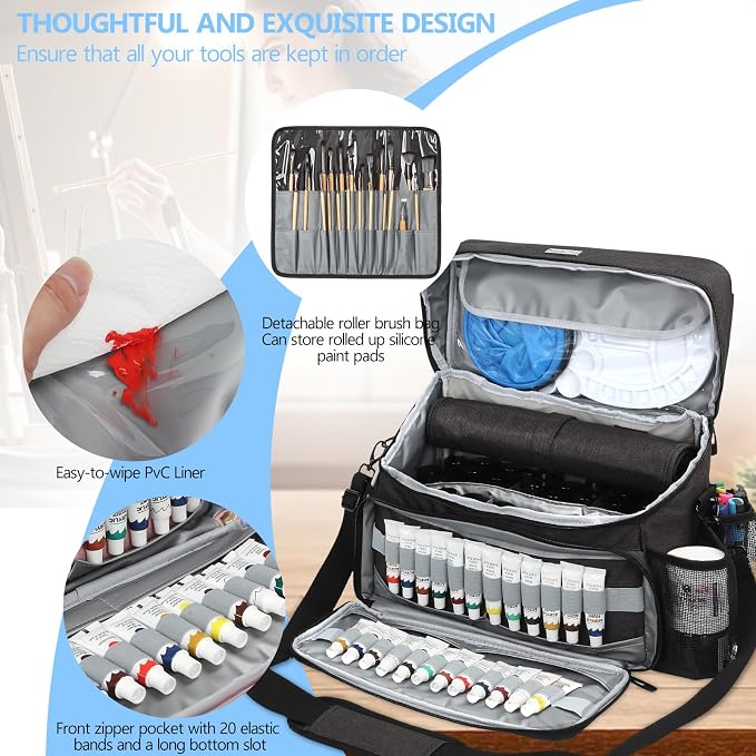 Acrylic Paint and Brush Set Organizer Bag - Carrying Case Compatible with Apple Barrel, Shuttle Art, Caliart Art Supplies - Includes Detachable Paint Brush Holder - for Home/Travel/Outdoor (Pro Black) - Image 4