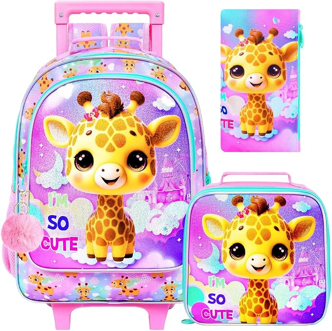 HPJGD 3PCS Giraffe Rolling Backpack for Girls, Kids School Backpacks with Wheels, Water Resistant UV Printed Roller Wheeled Bookbag Set by HPJGD