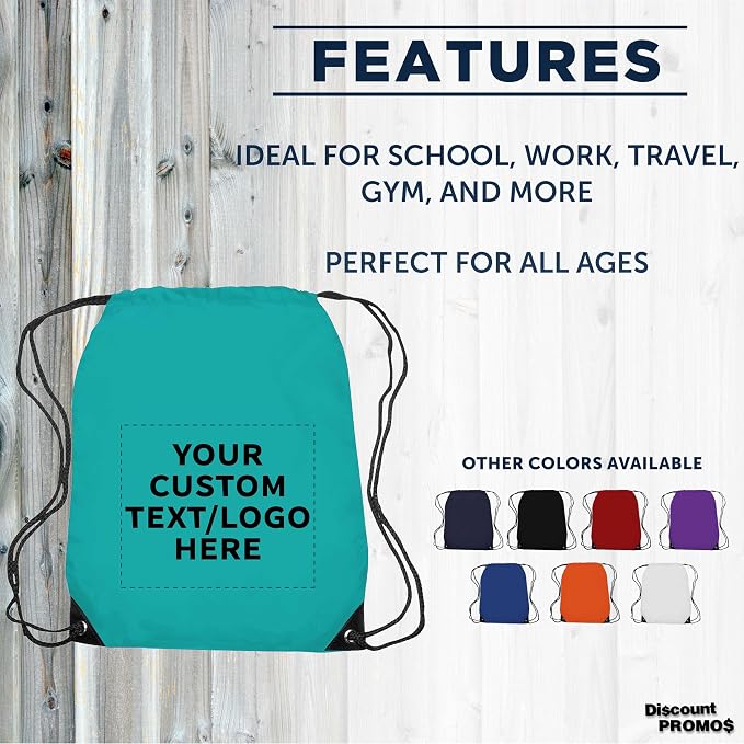 DISCOUNT PROMOS Custom Black Trim Drawstring Backpacks Set of 10/50/100, Personalized Bulk Pack - Gym Bag, Soccer Shoes, Water Resistant - Aqua - Image 2