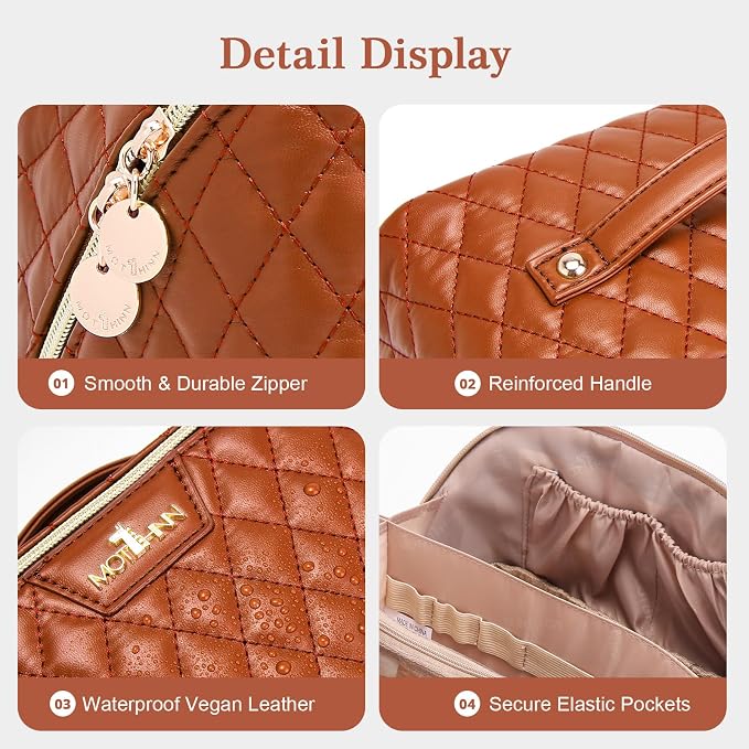 Travel Makeup Bags Cosmetic Organizer: 3Pcs Set Puffy Make up Bag for Women | Brown Premium Quilted ELEGANCE Design | Large Capacity Leather Toiletry Bags | Wide Open Compact Case for Travel Essentials - Image 6