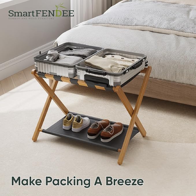 Smart FENDEE Luggage Rack, Folding Luggage Rack for Guest Room, Walnut Bamboo Suitcase Stand Holds up to 131 lb, Luggage Stand with Storage Shelf for Hotel, Bedroom (1 Pack) - Image 6