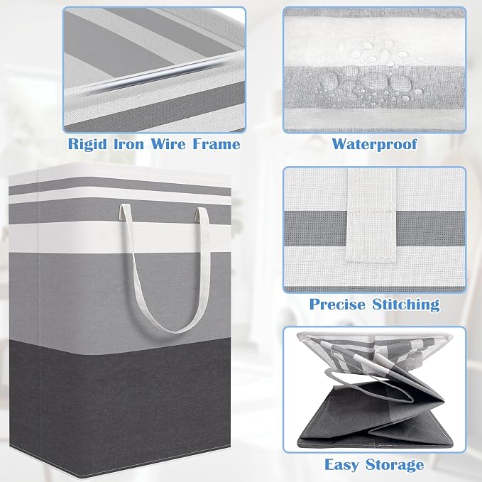 BlissTotes 3-Pack Laundry Basket, Freestanding＆Waterproof Laundry Hamper, Collapsible Tall Clothes Hamper with Easy Carry Handles for Clothes, Towels in the Family and Dorm,Gradient Grey,100L - Image 4