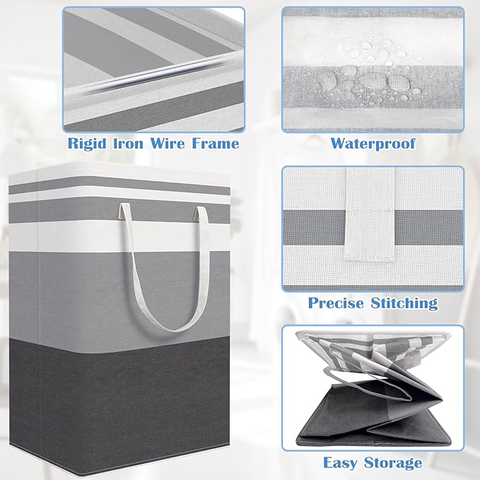 BlissTotes 3-Pack Laundry Basket, Freestanding＆Waterproof Laundry Hamper, Collapsible Tall Clothes Hamper with Easy Carry Handles for Clothes, Towels in the Family and Dorm,Gradient Grey,75L - Image 4