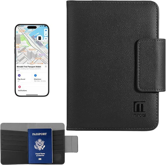 Miroddi Passport Holder for Travel, Works with Find My, Leather Passport Wallet for Travel Essentials, Passport Cover Case for Men and Women with Finder Tracker, 8 Card Slots, RFID Blocking, Black by miroddi