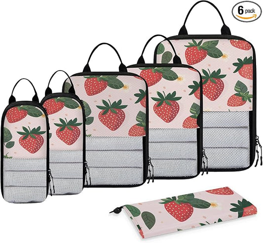 Strawberry Floral 6 Set Compression Packing Cubes for Travel Luggage Carry On Suitcase Compressible Expandable Packing Cubes Organizers Bag by BICUUZHI