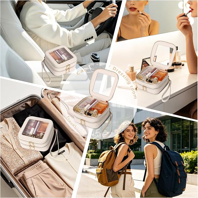 Pinkmik Double Layer Makeup Bag Small Clear Makeup Pouch Mini Travel Cosmetic & Toiletry Bag Purse Organizer and Car Essentials for Women (Beige, 2-Layer MINI) - Image 6