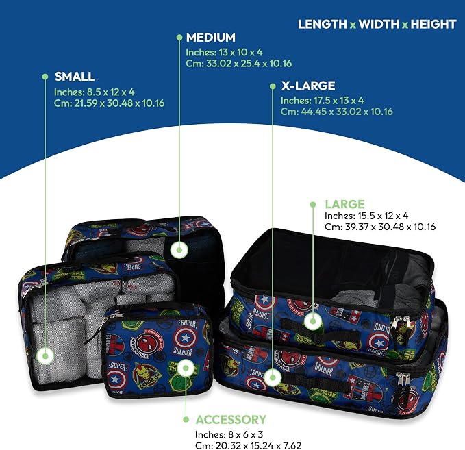 Marvel Comics 5-Piece Packing Cube Set - Spiderman, Ironman, Captain America - 5 Piece Packing Cubes Compression Travel Essential Accessories - Luggage Suitcase Organizer Set - For Kids, Adults - Image 2