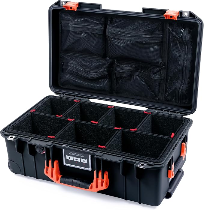 Black Pelican Air 1535 Carry-on Case - with TrekPak Divider System & Mesh Lid Organizer - Orange Handles & Latches. by ColorCase