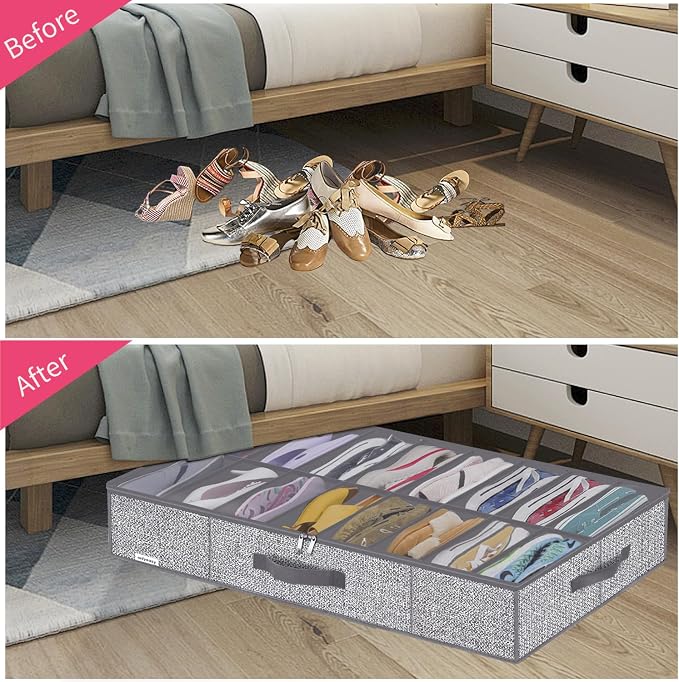Onlyeasy Sturdy Under Bed Shoe Storage Organizers with Handles & Clear Window (16 to 32 Pairs) 2 Pack, Closet Shoes Containers Boxes for Kids & Adults, 37.7"x23.6"x5.9", Linen-like Grey, MXDUBS16P2 - Image 3