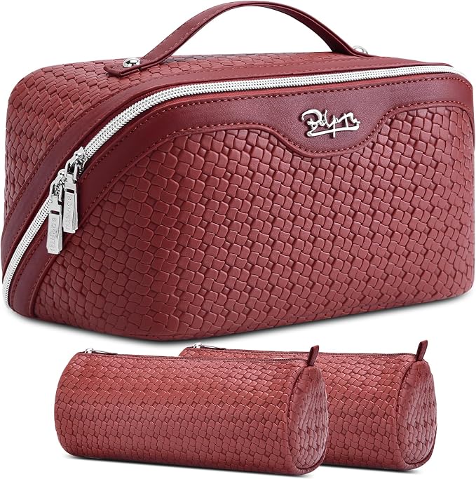 BOYATU Travel Makeup Bag Cosmetic Bags for Women: Large Capacity 3 Pcs Set Make up Bag with Compartments - Waterproof Vegan Leather Toiletry Organizer Bags with Handle (L52Burgundy) by BOYATU