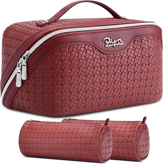 BOYATU Travel Makeup Bag Cosmetic Bags for Women: Large Capacity 3 Pcs Set Make up Bag with Compartments - Waterproof Vegan Leather Toiletry Organizer Bags with Handle (L52Burgundy) by BOYATU