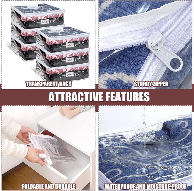 Hoolerry 6pcs Clear Zippered Storage Bag Plastic Individual Sweater Storage Bag with Zipper Label Closet Clothing Organizer for Blanket Clothes Bed Sheet Comforter Quilt Pillow(23.6 x 19.7 x 9.8 Inch) - Image 3