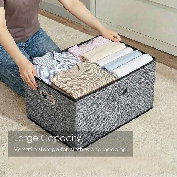 PRANDOM Storage Bins with Lids [3-Pack] Linen Fabric Foldable Storage Boxes Organizer Containers Baskets Cube with Cover for Bedroom Closet Office Grey(23.4X15.9X11.4) - Image 2