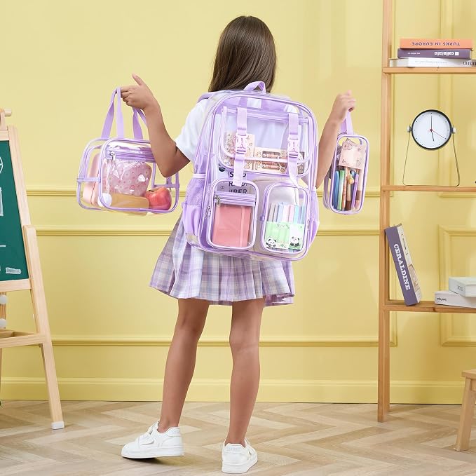 Fimibuke Clear Backpack for Girls - 3 PCS Heavy Duty Kids Boys Clear Bags Schoolbag Large Transparent PVC Bookbag with Lunch Box Pencil Case Set for Travel School Concert Stadium Events Backpacks - Image 8