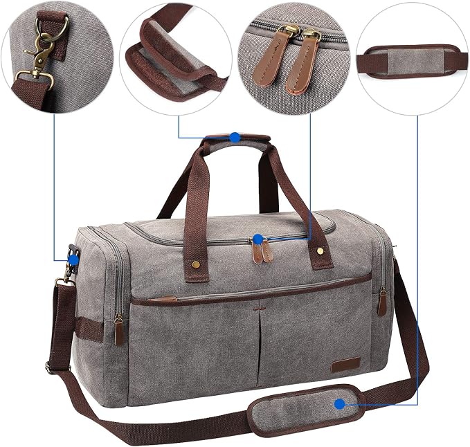 S-ZONE 65L Expandable Canvas Duffle Bag Travel Overnight Holdall Weekend Bag with Shoes Compartment Large Carry On Bag Tote Gym Bag for Men Women, Light Gray, X-Large, Travel Duffle | Water-resistant, X-Large Size, Multi-Pockets, Removable Shoulder Str... - Image 5