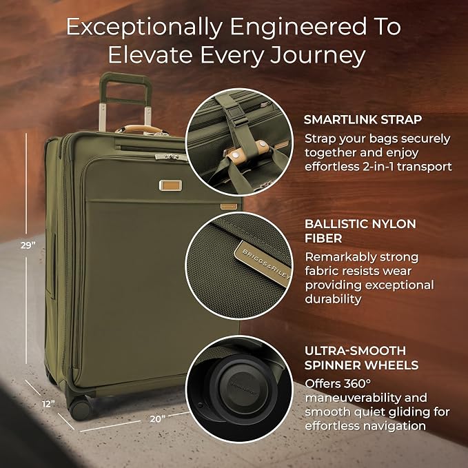 Briggs & Riley 29" Large Expandable Spinner - Checked Luggage for Travel, Suitcases with Wheels, Softside Rolling Bag for Men & Women, Self-Repairing Zipper - Baseline Collection, Olive - Image 2