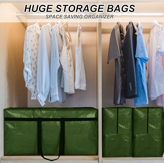 Windyun 4 Pack 57 Gallon Extra Large Moving Bags XXL Heavy Duty Storage Bag with Strong Zipper Handle Jumbo Big Tote Box Foldable for College Dorm Travel Clothes Duffle Blanket Pillow(Army Green) - Image 6