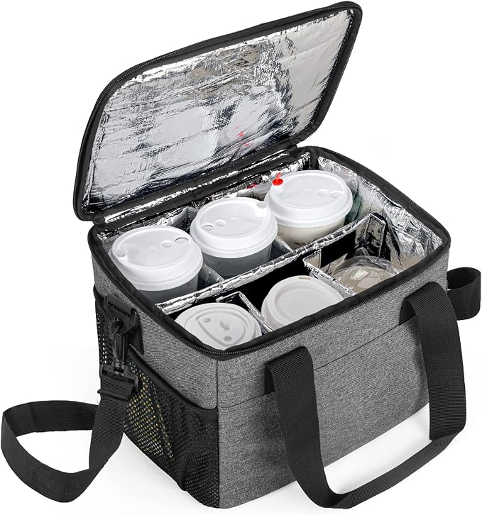 Trunab Reusable 6 Cups Drink Carrier for Delivery Insulated Caddy,Grey | Adjustable Dividers,Handle & Shoulder Strap, Beverages Tote Bag for Takeout or Travel by Trunab