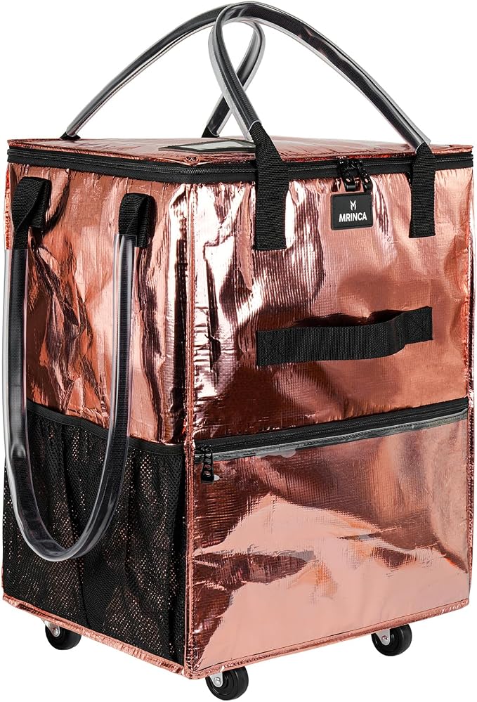 Large Reusable Grocery Bag On 5 Wheels, 130L Foldable Rolling Tote Bag, Heavy Duty Shopping Cart with Multiple Pockets, Rolling Grocery Bag, Zipper Closure & Handles for Shopping Travel, Rose Gold by Unknown