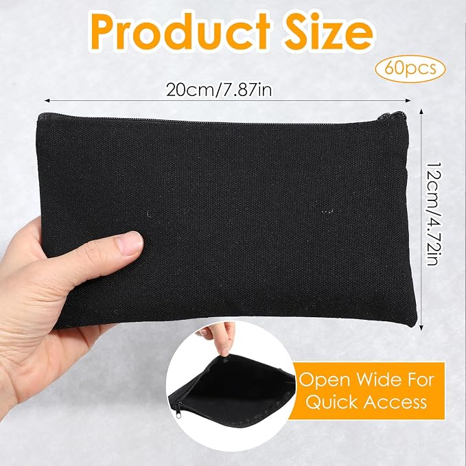 60Pcs Black Cotton Canvas Zipper Pencil Pouch Bulk, Blank DIY Craft Bag Canvas Pencil Case, Multipurpose Toiletry Tote Bag for Makeup Cosmetic, Invoice Bill, Travel Toiletry (Black,60) - Image 2