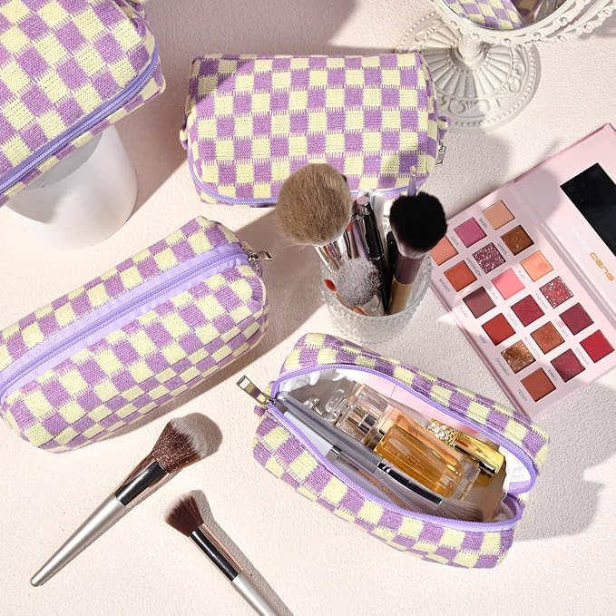 SOIDRAM Checkered Makeup Bag Preppy Cosmetic Bag Bulk Purple Makeup Pouch Personalize Travel Toiletry Bag Organizer Cute DIY Makeup Brushes Storage Bag for Women - Image 2