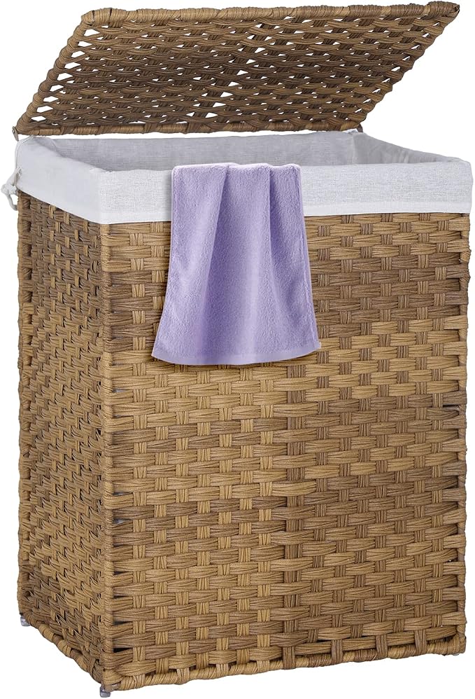 Paylesshere Laundry Basket Handwoven Laundry Hamper 90L/110L Foldable Rattan Hamper With Lid, 2 Removable Liner Bags & 6 Bags,Clothes Bathroom Basket,Natural by PayLessHere