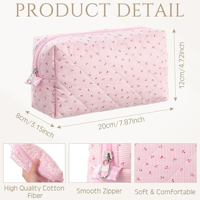 Paterr 10 Pcs Quilted Makeup Bag Bulk Cotton Floral Cosmetic Bag Women Girls Bridesmaid Gifts Cute Makeup Pouch Coquette Aesthetic Travel Toiletry Organizer(Purple Floral,7.87 x 4.72 x 3.15 Inches) - Image 2