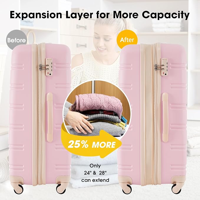 Merax Luggage Sets 2 Piece Expandable Hardside Luggage with Travel Bag Suitcase Set with Spinner Wheels(20+28+bag,Light Pink-1) - Image 6